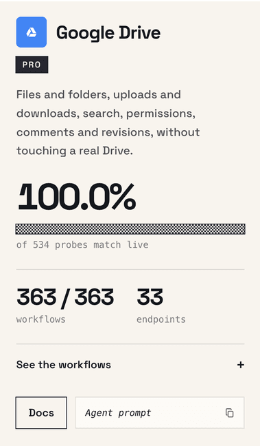 Google Drive simulator card: 100.0% of 534 probes match live, 363 of 363 workflows, 33 endpoints