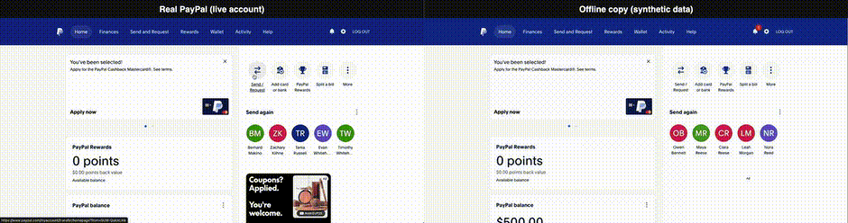 A real PayPal account beside its offline copy running on synthetic data