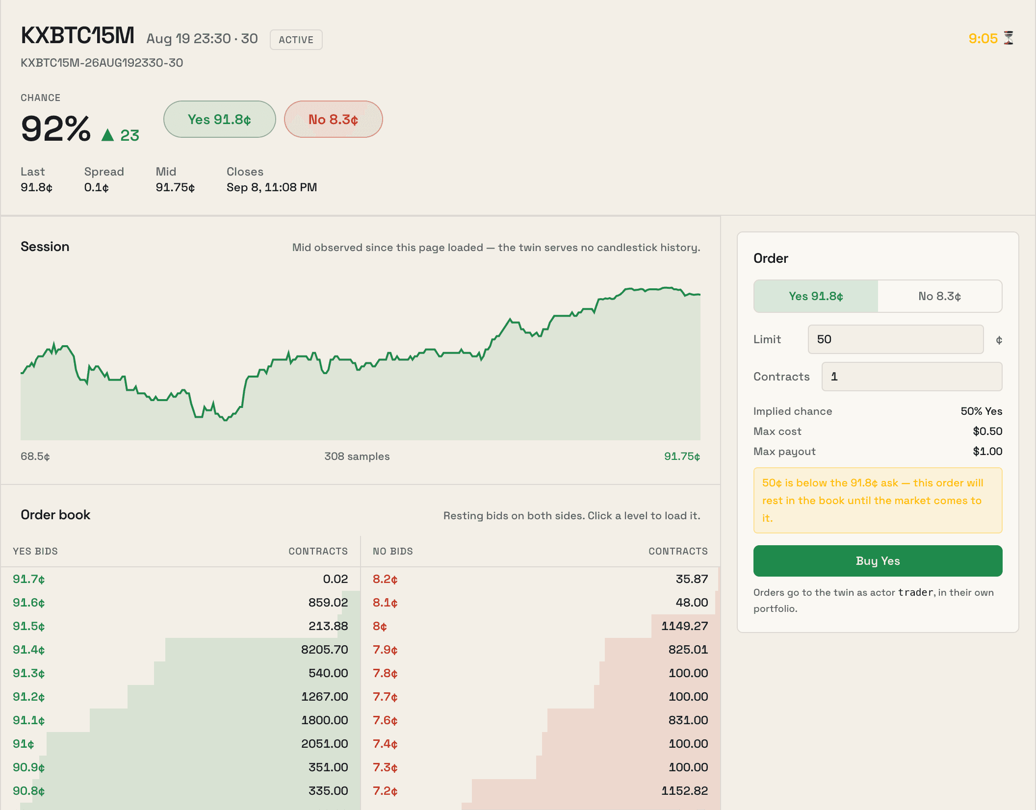 The trading terminal — book, tape, ticket, and positions.