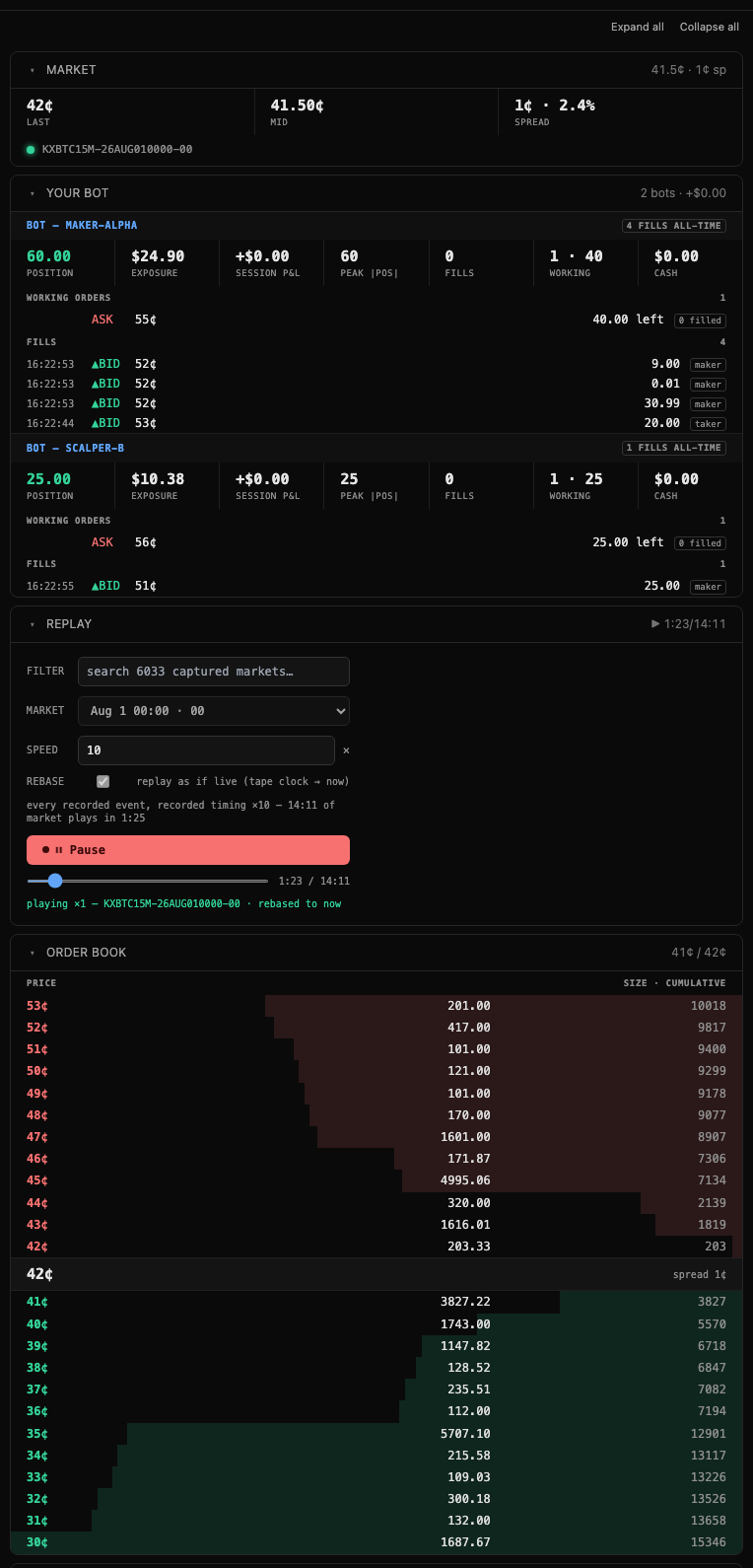 The state UI: Market, per-bot panels, Replay, and the live order book